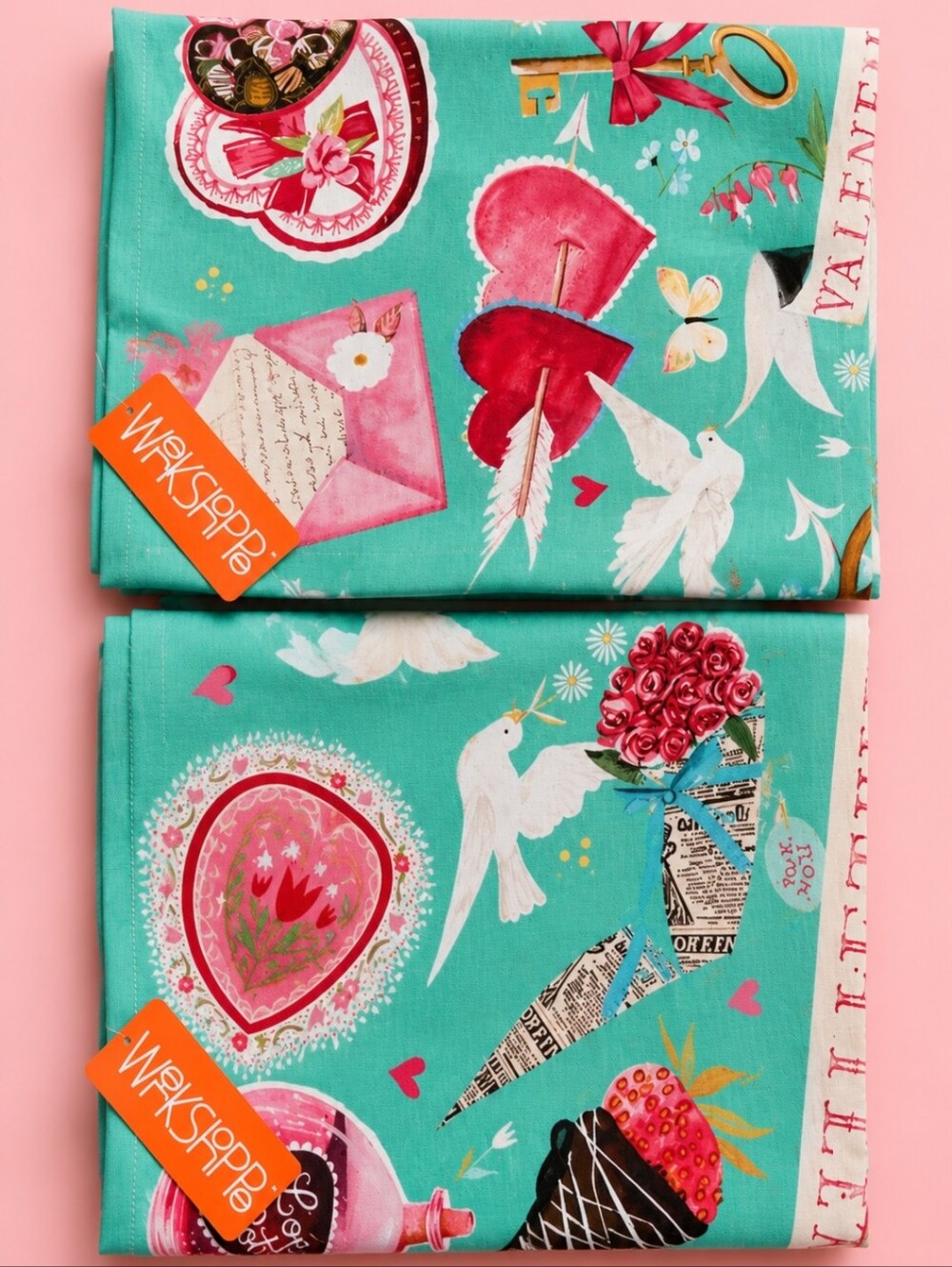 Katie Daisy x WerkShoppe Hearts Classics Tea Towels Set of 2 100% Cotton‎ NWT